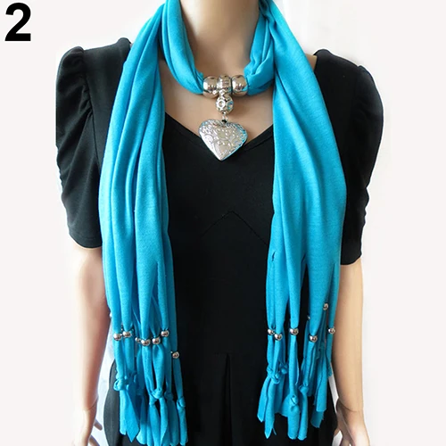 Women Fashion Soft Bead Tassels Scarf with Love Heart Charm Pendant Accessory