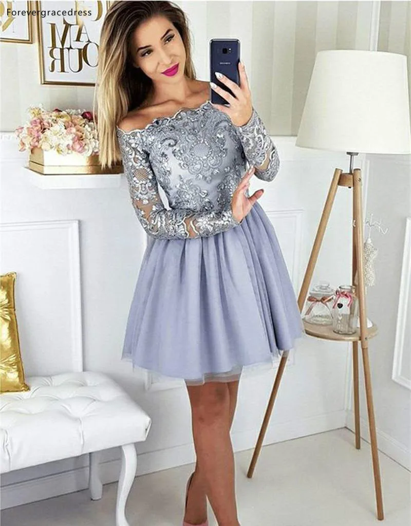 2019 Lavender Arabic Homecoming Dress A Line Long Sleeves Lace Juniors Sweet 15 Graduation Cocktail Party Gowns Plus Size