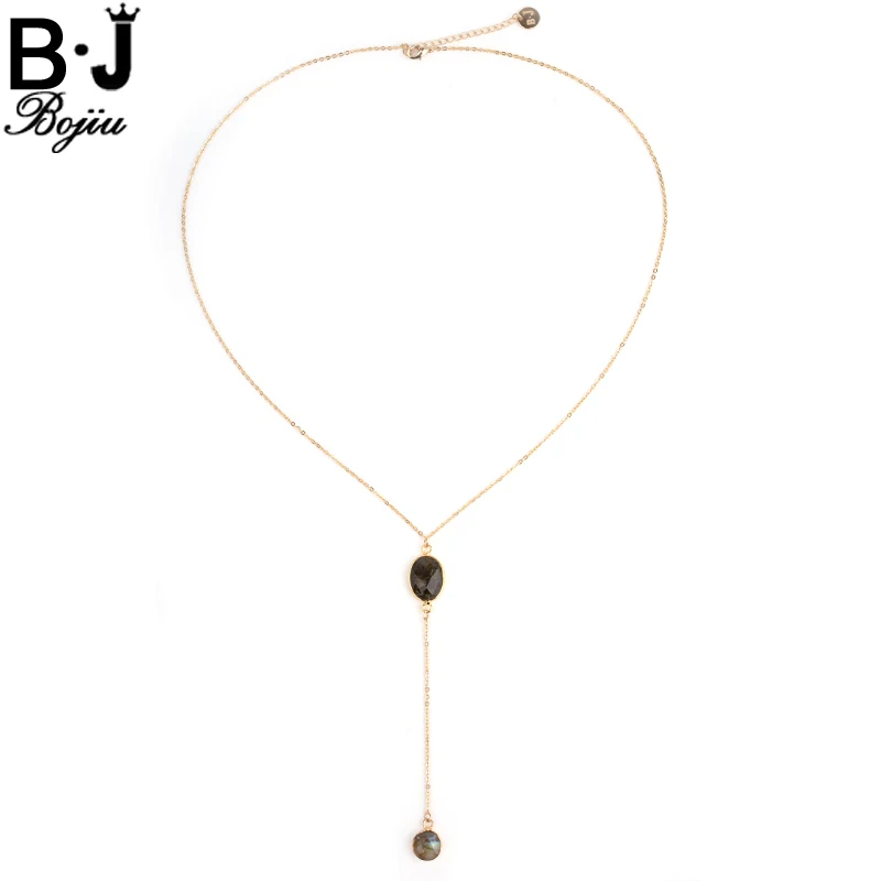 BOJIU Druzy Natural Stone Long Pendant Necklaces Gold Color Cable Chain Necklace For Women Top Gifts New Jewelry NKS139