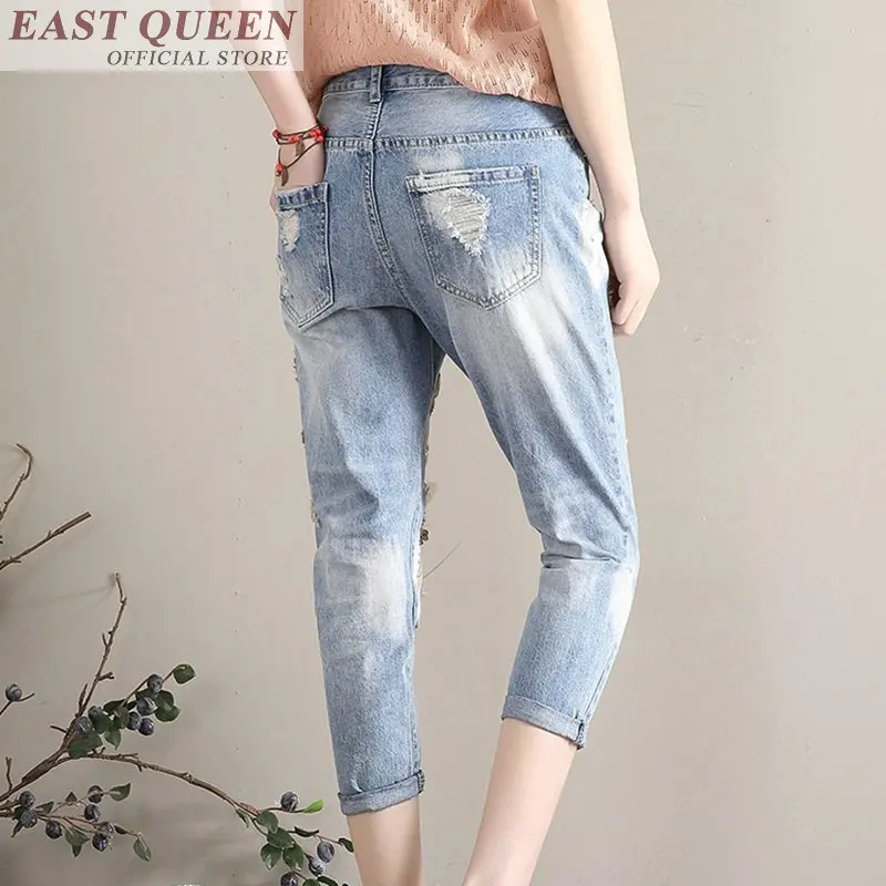 Women harem pants plaid jeans with mid waist ankle-length pants hole zipper female denim trousers pockets ripped jean DD755 L