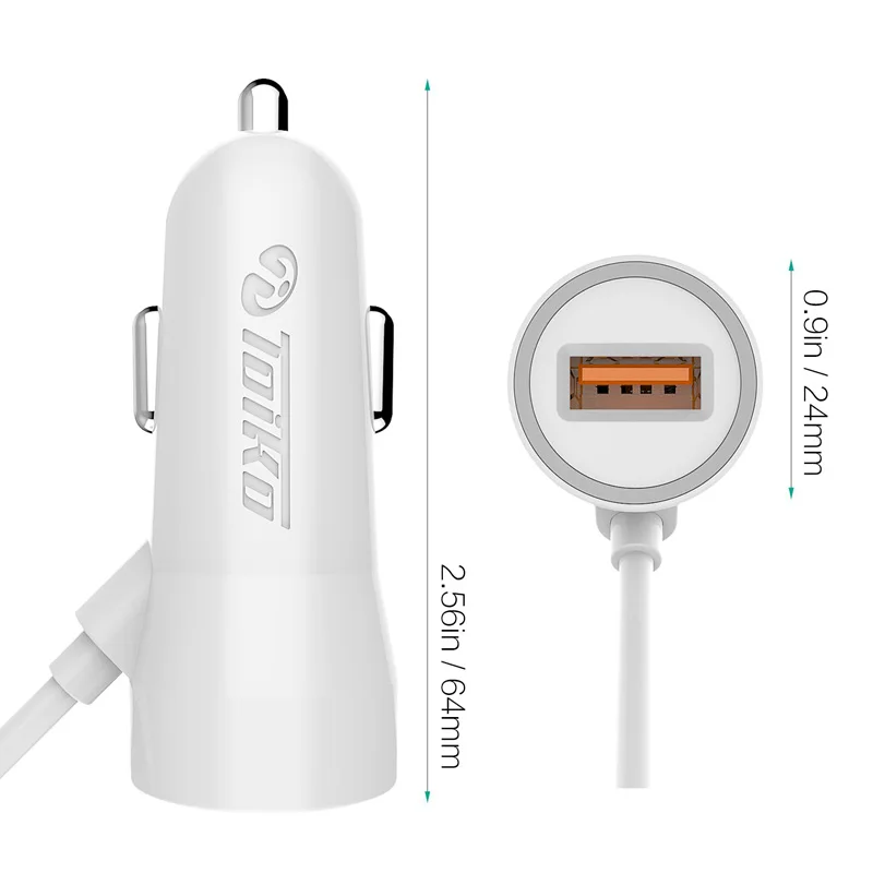 TOIKO 3.4A 5V USB Car Charger for Samsung Xiaomi Oneplus Cell Phones with Type-C Plug Cable Universal Port Charge Adapter White