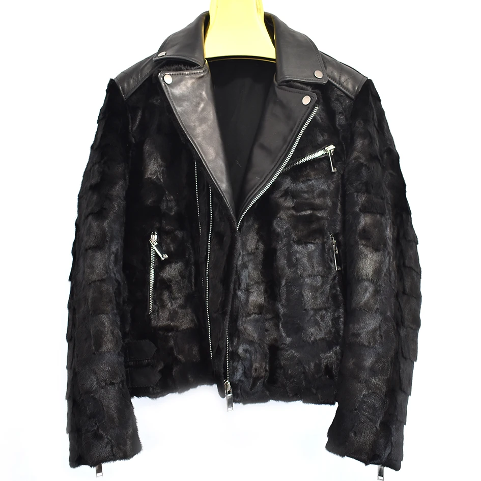 Men's Mink Fur Sheepskin Retro Thin Coat, Motorcycle Clothing, Leather Jacket