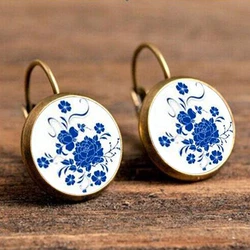 Vintage Mandala Flower Earrings Ethnic Blue And White Porcelain Glass Dome Earrings For Women