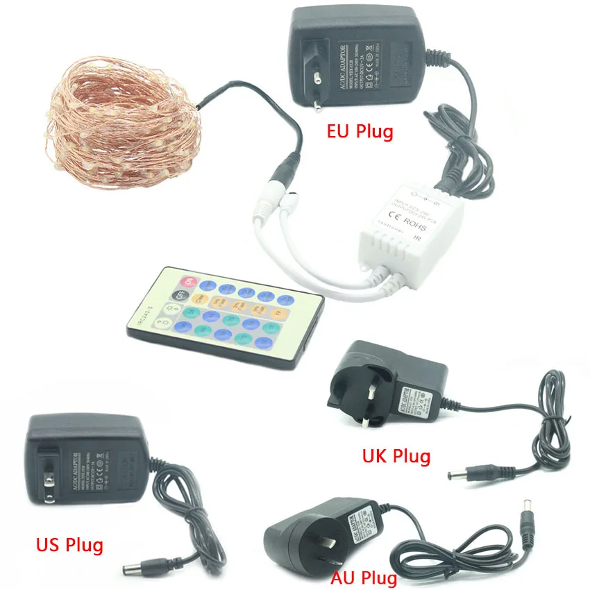5M 10M 20M 30M 50M LED dize işıklar açık noel peri işık bakır tel sıcak beyaz DC 12V güç adaptörü uzaktan kumanda