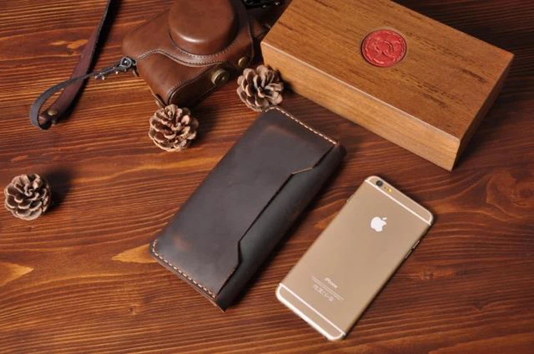 Handmade Vintage Crazy horse Genuine Leather Wallet Men Wallet Leather male Wallet long style Clutch Bag Male purse Money Clips