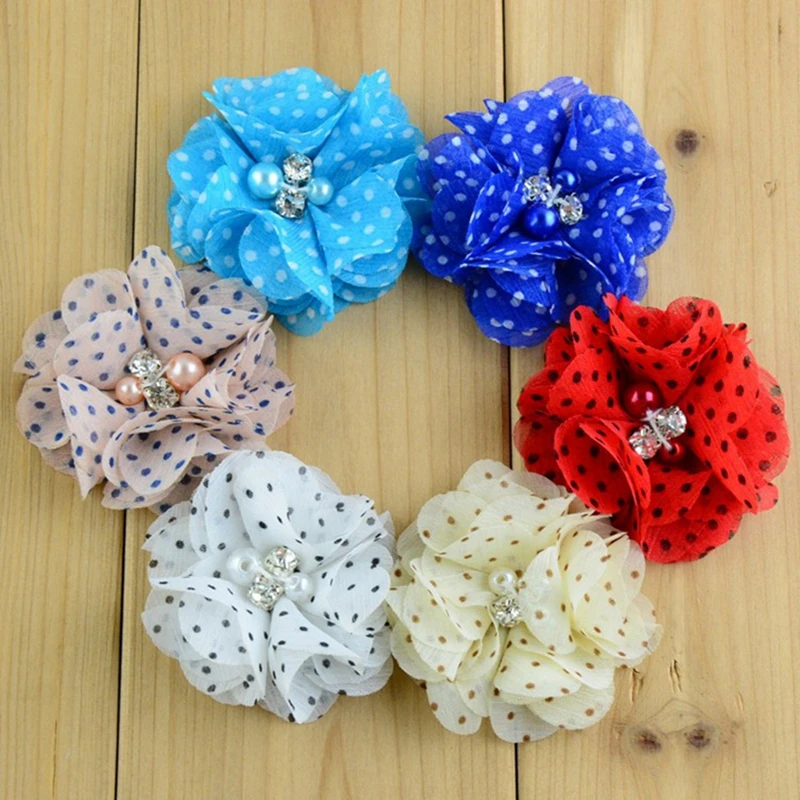 

50pcs/lot 2" 16colors Hair Clips Dot Chiffon Flower+Rhinestones Pearls For Kids Girl Accessories Fabric Flowers For Headbands