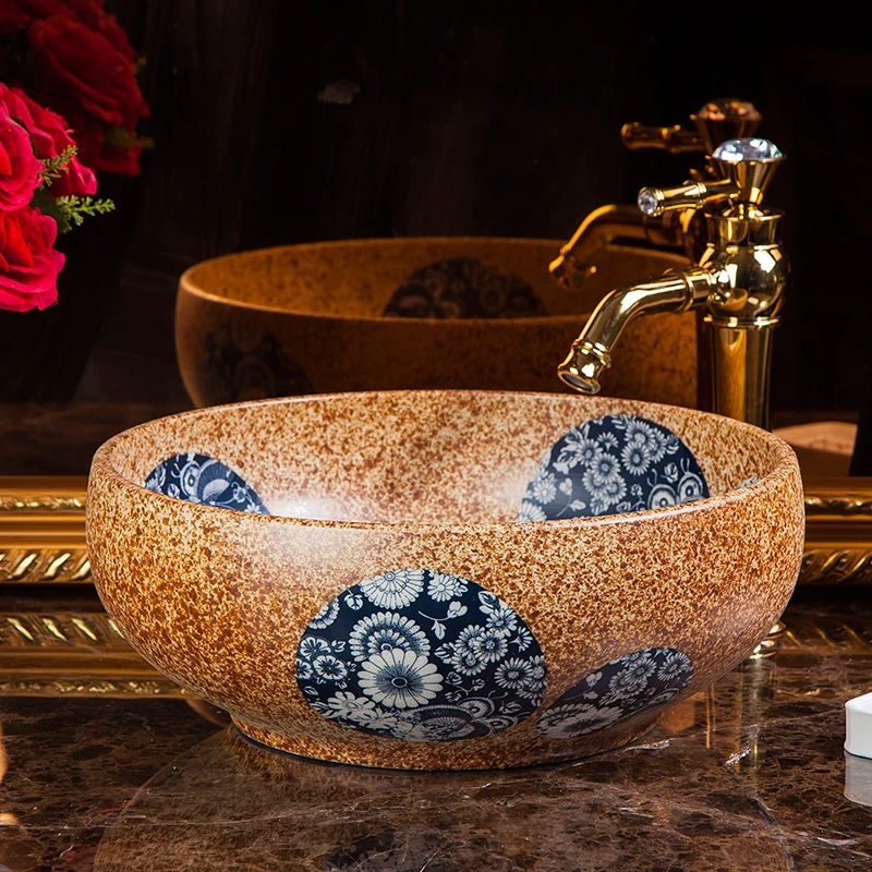 

China Artistic Handmade Ceramic Bathroom Sinks Lavobo Round Counter top porcelain sink with countertop bathroom sinks