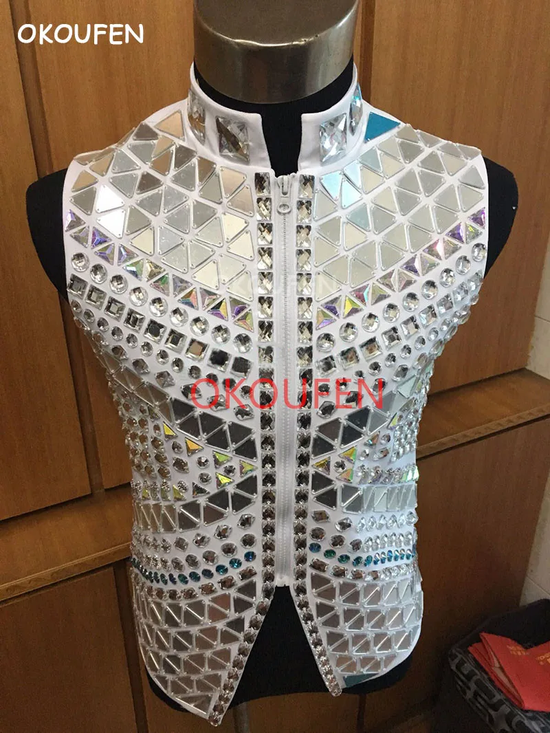 

Fashion Men's Mirror Lens Vest Costumes Rhinestones Punk Style Ds DJ wear Nightclub male singer Dancer Stage Performance jacket