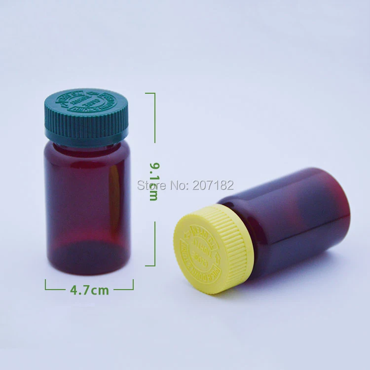 100pcs 100ml Amber PET Child-proof Bottles,Capsules/Pills/Powder/Vitamin Plastic Bottles with Green/Yellow Colors Screwing Lids