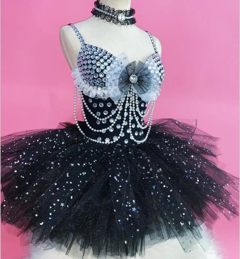 

Shining Silver Rhinestones Black Leotard Costume female singer DJ DS dance Wear stage Shining Tutu Outfit Bodysuit