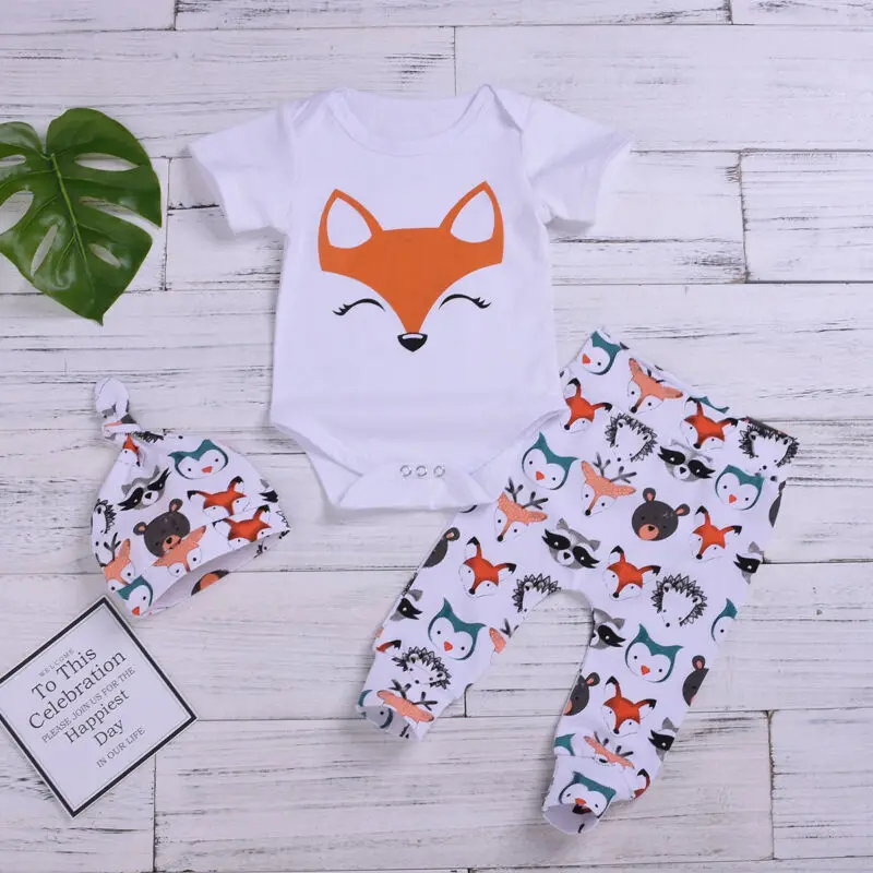 Newborn Kids Fashion Fox Print Sunsuit Set Cotton Baby Girl Boy Infant 3Pcs Summer Clothes Romper Top Pants Hats Outfit Set