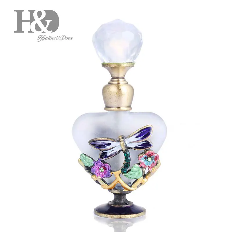 H&D Heart Shape Enameled Empty Refillable 5ML Perfume Bottle Colorful Dragonfly Flower Crystal Cosmetic Container Gifts for Lady