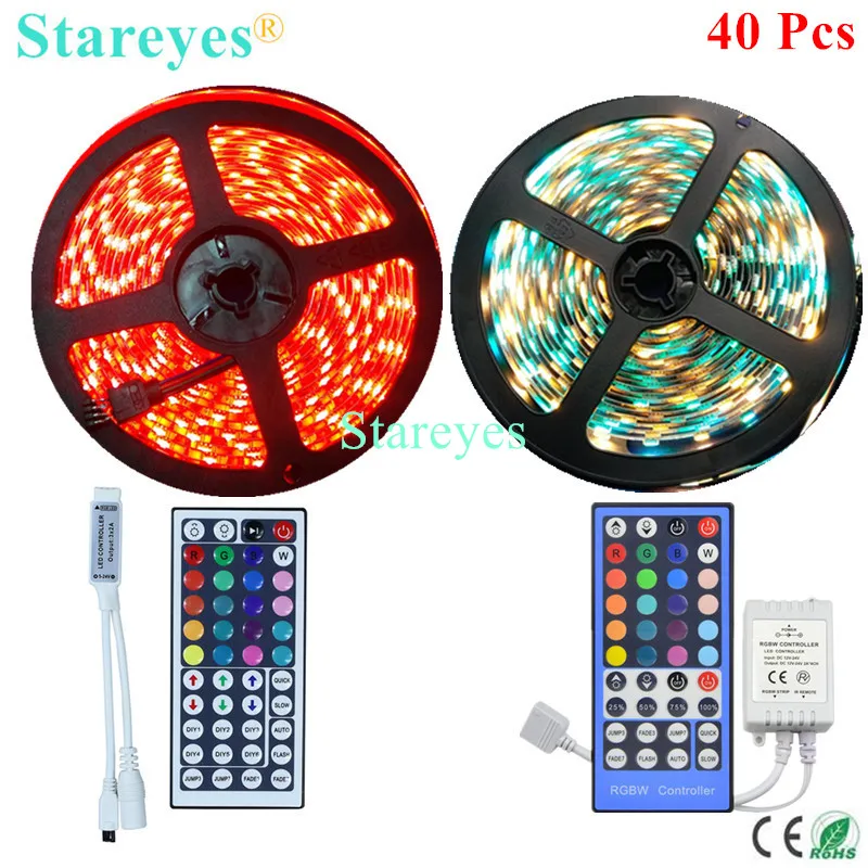 Free Shipping 40 Pieces 5M SMD 5050 300 LED 60 LED/M RGB RGBW RGBWW Strip Tape IP20 IP65 Waterproof Flexible led Strip + Remote