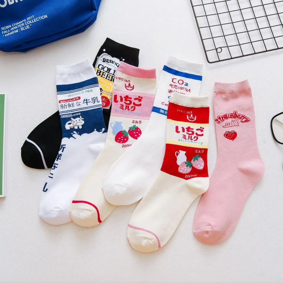 Japanese Harajuku Cute Milk White Pink Funny Socks Strawberry Jacquard Fruit Juice Meias Kawaii Socks Women Skarpetki Sokken