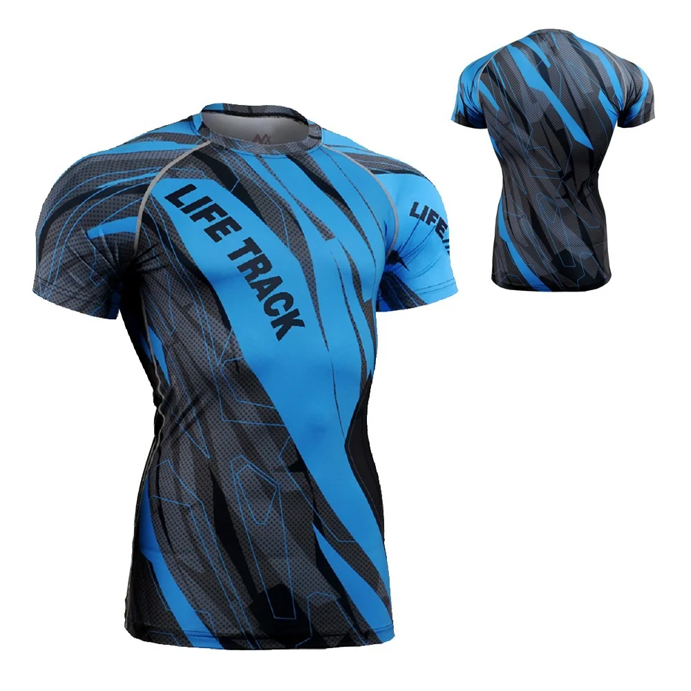 Men`s SPLINTERS Cyan Blue Fitness Running Compression Shirts Short Sleeve Quick Dry Bae Layer Gym MMA Workout Tops Tee