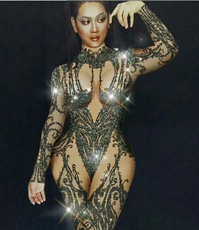 Stage show Female Singer Dj Ds Gogo Sexy Black Crystal Jumpsuit Long Sleeve Conjoined Bodysuit Stage Performance Costume