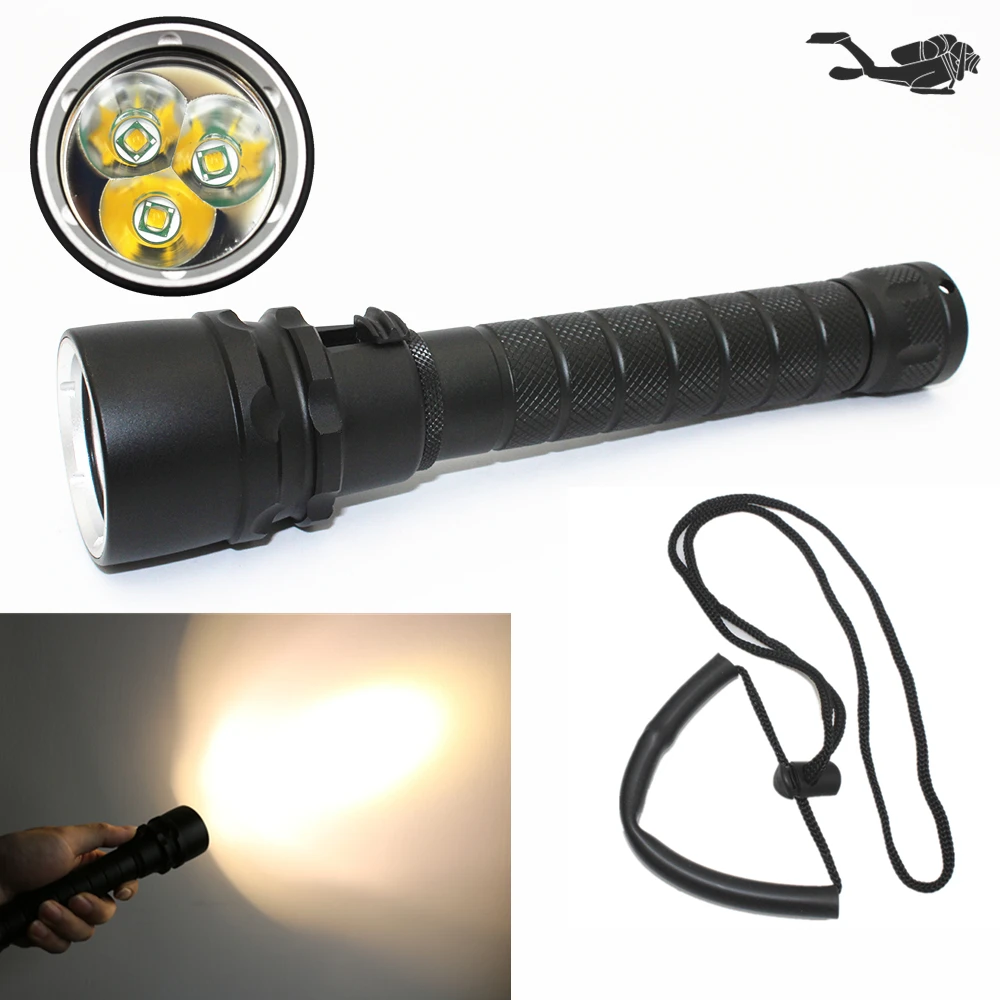 Yellow light Diving flashlight Waterproof dive light 3x T6 LED Underwater hunting torch Tactical 18650 lantern