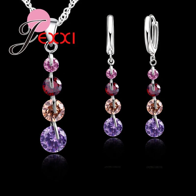 Exqusite Long Crystal Earrings Pendant Necklace Jewelry Set Shiny Zircon Crystal 925 Sterling Silver Top Quality Wedding Bijou