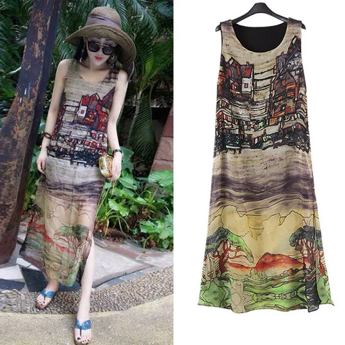 2023 New Fashion Summer Women Sexy Long Dress senza maniche O Neck Vintage House Printed Split Lady abiti Casual larghi S-4XL-