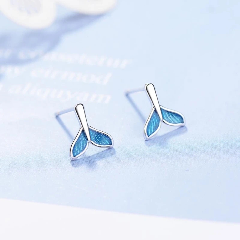 Sole Memory Korean Blue Mermaid Tail Cute Mini Silver Color Temperament Fashion Female Stud Earrings SEA412