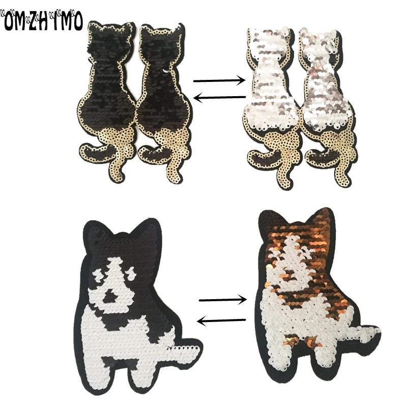 Small Cat Dog Reversible Change Color Sequins Iron On Patches For Clothing DIY Patch Applique Bag Clothing Coat Jeans Craft