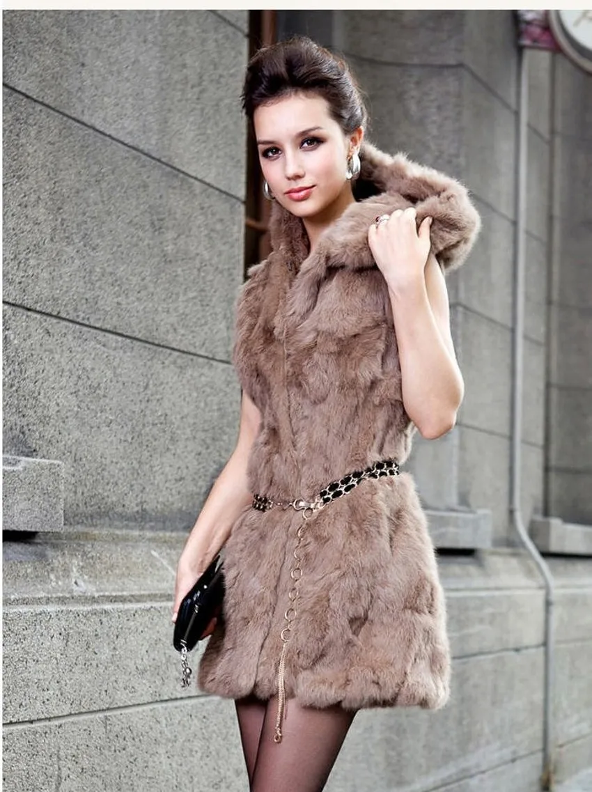 Free shipping Fur vest woman's rabbit fur vest long big yards vest rabbit fur jacket with hood  Vest customized