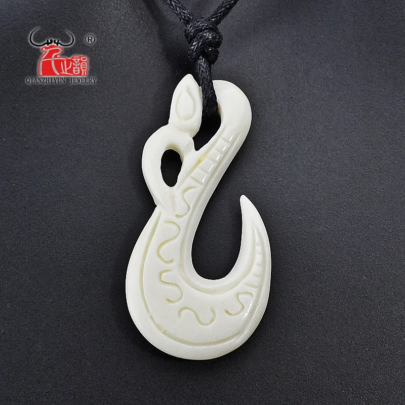 GX042 New Zealand Maori jewelry hand-carved yak bone Fish Hook pendant Primitive tribes totem amulet Hawaii pendant for surfing