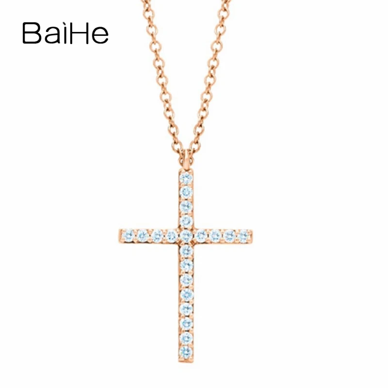 

BAIHE Solid 18K Rose Gold 0.10CT Natural Diamond Cross Necklace Women Men Fine Jewelry Collier Croix Diamant שרשרת צלב יהלום