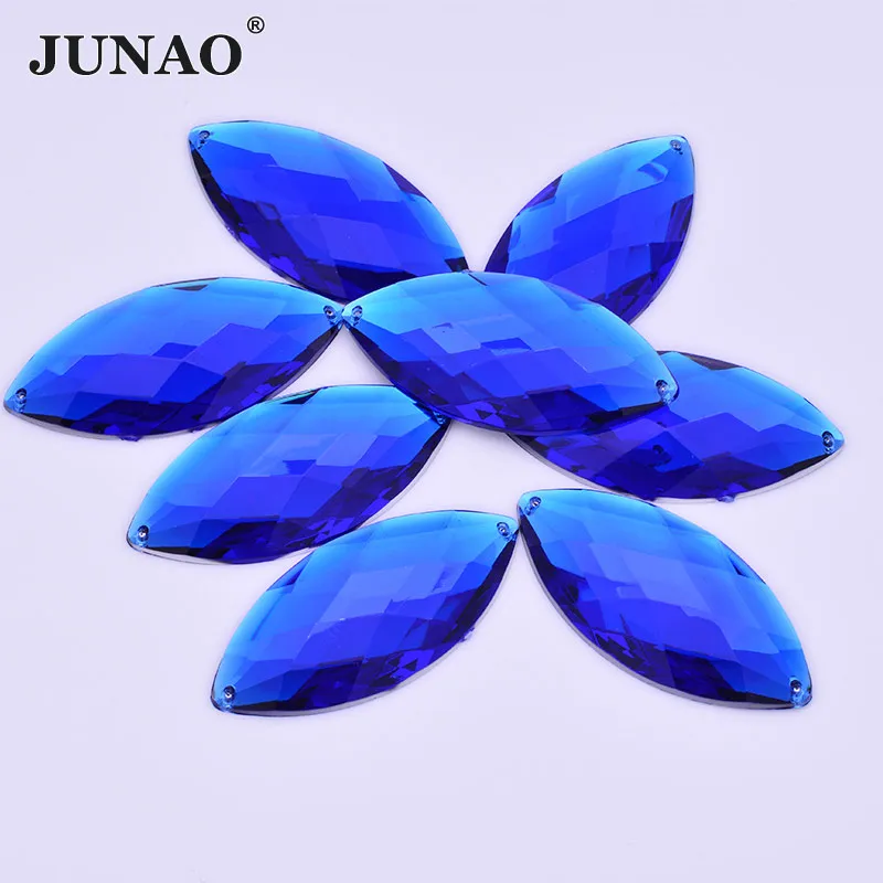 JUNAO 30*62mm 20pcs Blue Color Big Size Sew On Acrylic Flatback Rhinestone Applique Sewing Crystal Stones Horse Eye Shape Strass