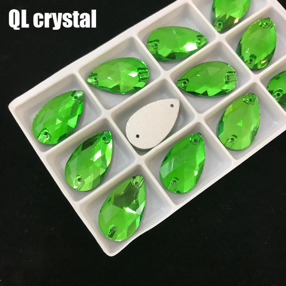 ALL Size QL Crystal 2018 popular Grass green Drops Sew On Crystal Stones Sewing On Rhinestone 2 Holes DIY Garment Dress Making