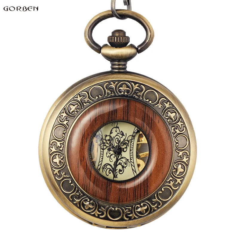 Retro Kayu Lingkaran Skeleton Pocket Watch Pria Wanita Unisex Mekanik Tangan Berliku Vintage Roman Angka Kalung Steampunk Watch