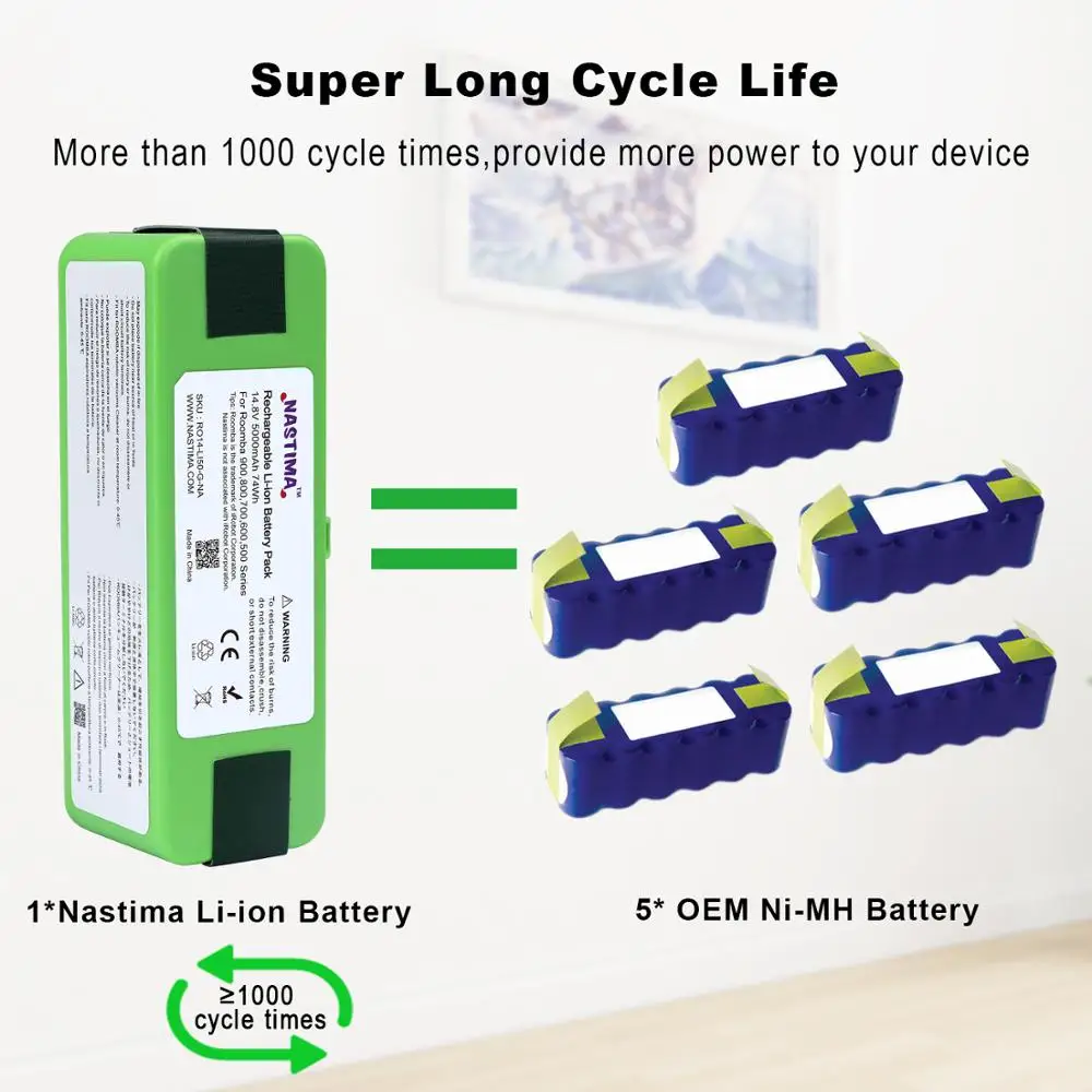 14.8V 5000mAh Li-ion Battery for iRobot Roomba 980 981 960 970 895 890 860 695 680 690 675 640 Replace Original 1800mAh Battery