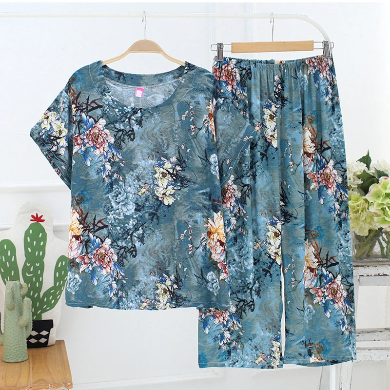 New Female Pajamas Set Sleepwear Women Cotton Linen Print Flower Pyjamas Summer Casual Loose Nightwear Home Wear