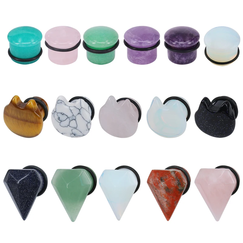 ZS 2 PCS/lot Natural Stone Ear Plug Tunnel Ear Piercing Earring Gauges Piercing Ear Stretcher Cat Ear Plug Piercing Body Jewelry