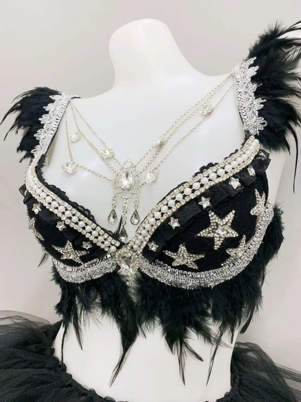 Shine Diamond Black Feather Bra Tutu Skirt Set Lady DJ Singer Dance Team Performance Stage Wear Sexy Bar Club Party Show Costume