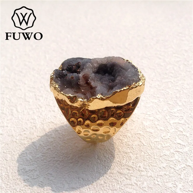 FUWO Wholesale Natural Galaxy Druzy Rings,Golden Plated Solar Agates Irregular Shape Stone Jewelry  Resizable 5Pcs/Lot RG007