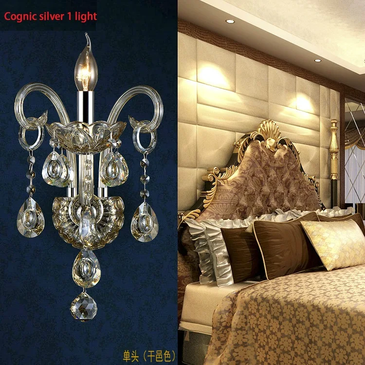 Luxury top K9 crystals champagne gold/cognic silver Crystal Wall Lamp Candle 1/2 lights lampshades beside bed room light