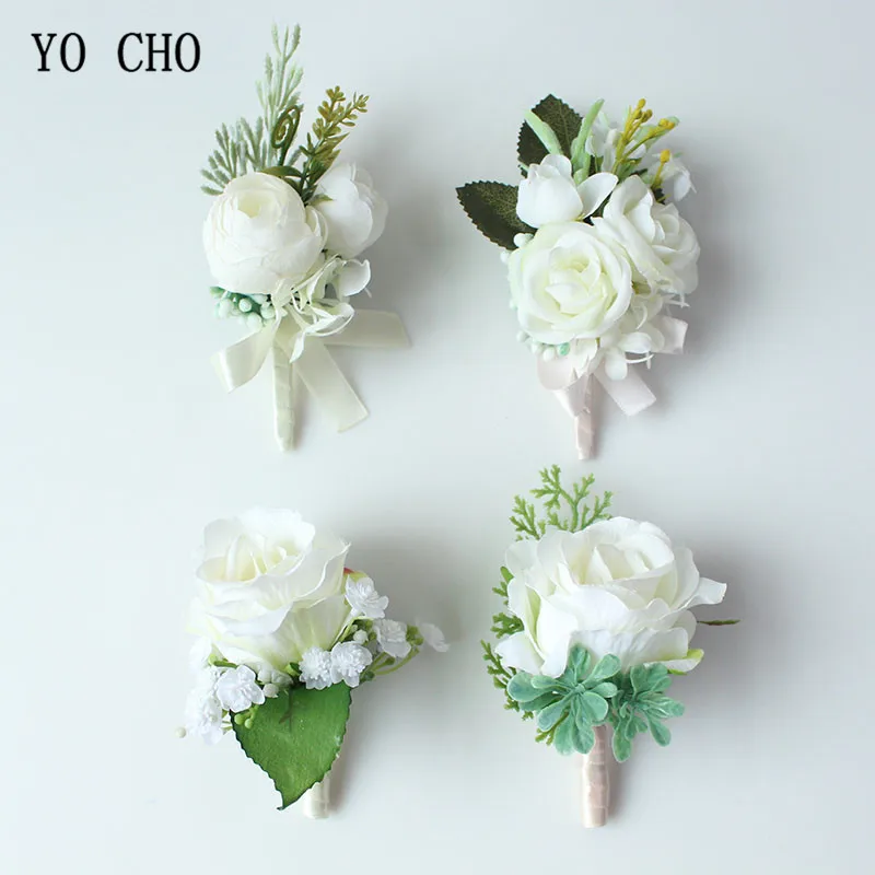 YO CHO Bruids Zijden Rozen Witte Pols Corsages Manchet Armbanden Bruidsmeisje Bruidegom Bloem Boutonnières Prom Huwelijk Bruiloft Benodigdheden