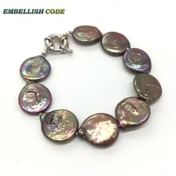 baroque pearl simple classic brown coffee color bracelet round coin flat shape natural freshwater pearls fold face