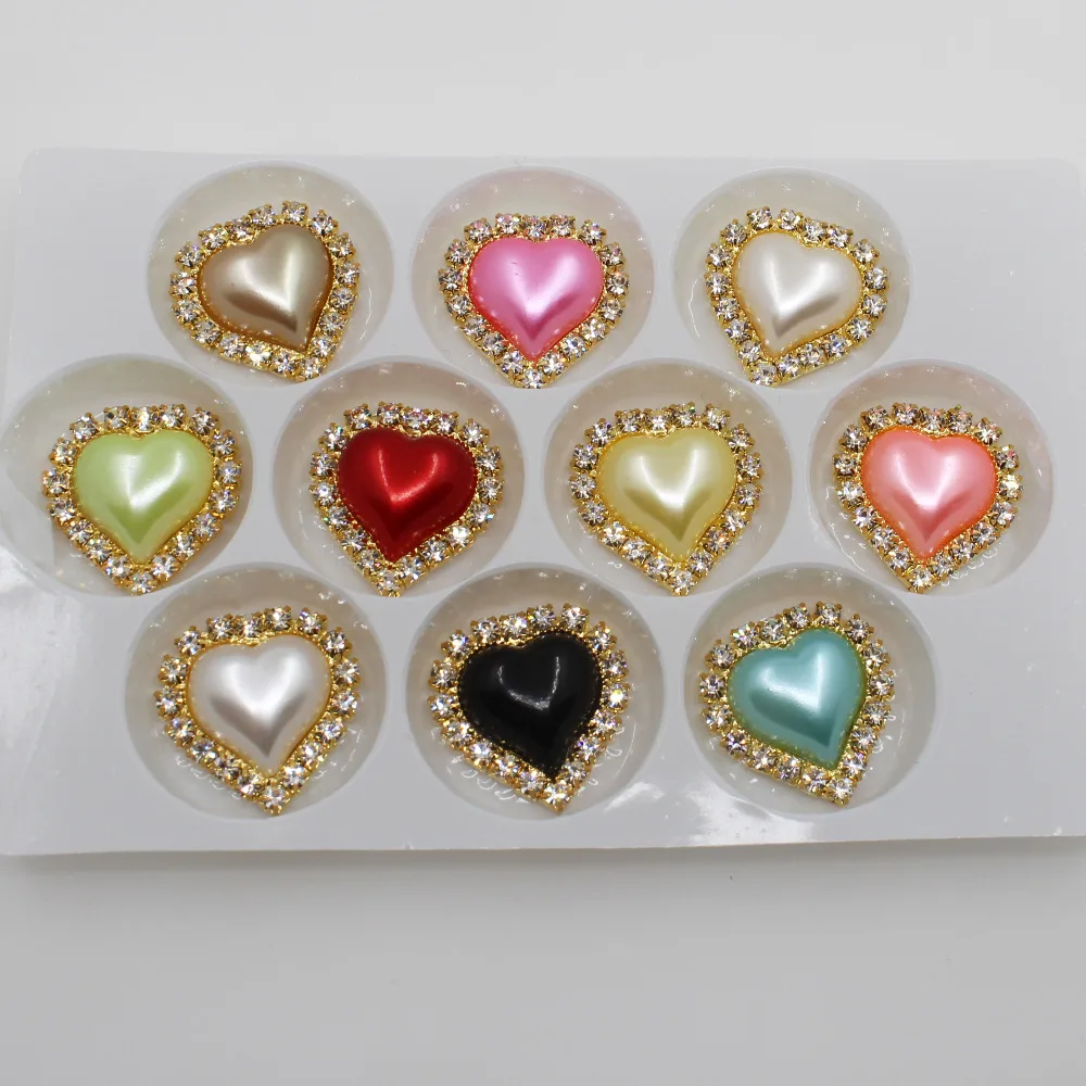 New 10pc 21*23mm Gold Base Pearl Buttons Rhinestone Heart Metal Wedding Invitations Decorate DIY Hair Flower Center Scrapbooking