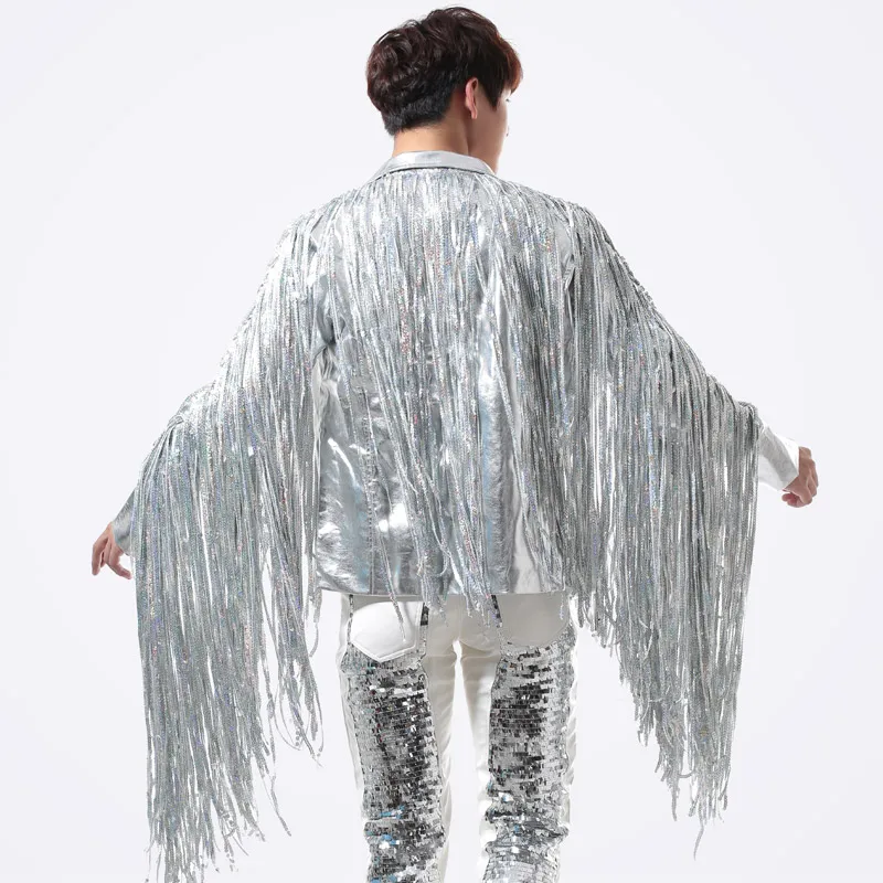 Men Silver Sequins Tassel Jacket Vest Pants 3 Piece Suit Tide Male Hip-hop Stage Costume Nightclub Rock Punk DJ Performance Set