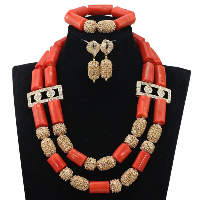 Trendy Dubai Gold Bridal Statement Coral Necklace Set Women Coral Costume Jewelry Set African Party Jewelry Beads ABH471