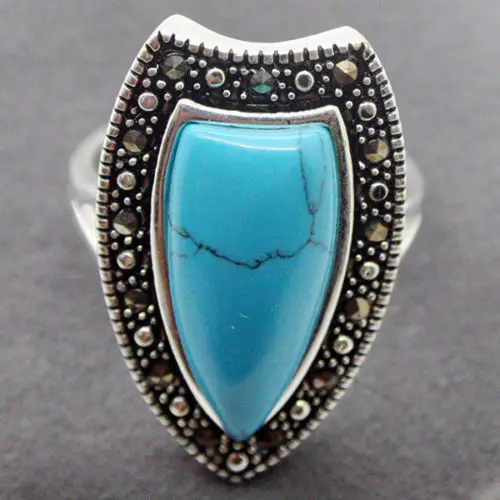 wholesale Real 26X14MM Blue Natural  Marcasite 925 STERLING SILVER RING Size US 7 8 9 10