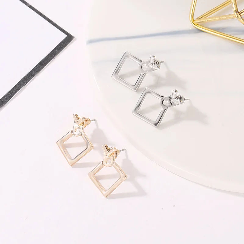 Simple Style Geometric Hollow Rhombus Triangle V-Shaped Silver Plated Golden Stud Earrings For Women