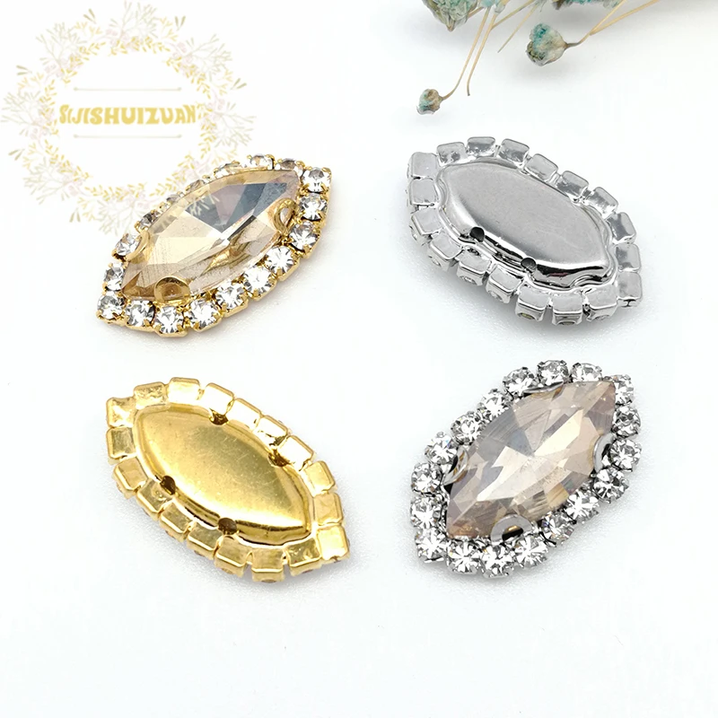 Champagne Horse Eye Shape Glass Crystal Sew On Rhinestones With Silver Bottom Crystal Buckle Diy Wedding Dresss