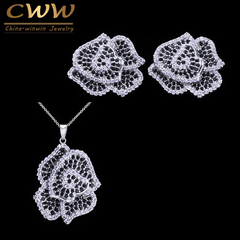 

CWWZircons Micro Paved Black White CZ Stones Vivid Flower Fashion Women Silver Color Earrings Necklace Jewelry Set T155