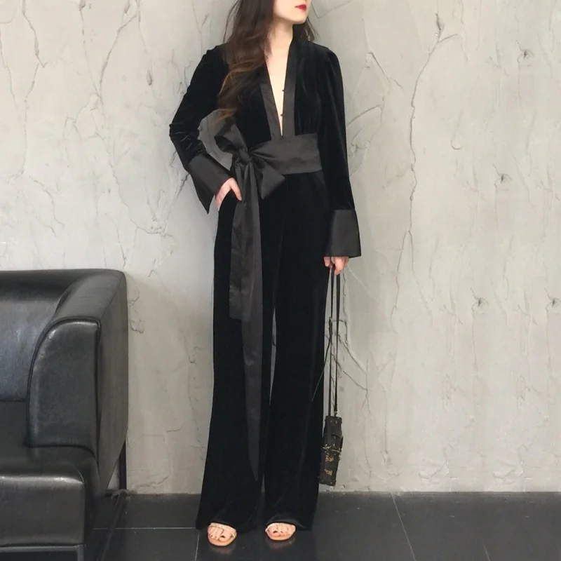 Velvet Celana Kodok Wanita 2019 Fashion Musim Gugur Romper Pesta Club Wear Playsuit Jumpsuit Hitam Elegan Celana Panjang DD1583