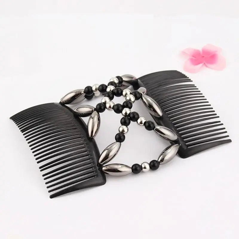 Ladies Women Elastic Hairpin Stretch Double Hair Comb Handmade Beaded Hair Clip Bun Maker DIY Styling Tool 3 Colors