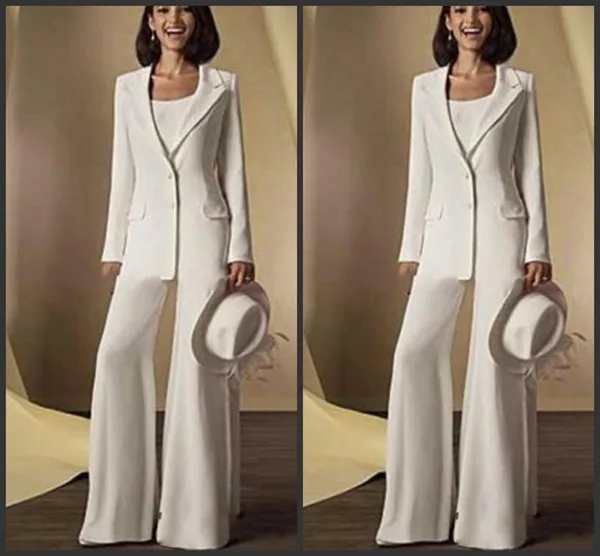 New Satin Long Sleeves Mother Of the Bride Dresses Pant Suits with jacket 3 Pieces Custom Made Women White Formal Outfits