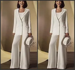 New Satin Long Sleeves Mother Of the Bride Dresses Pant Suits with jacket 3 Pieces Custom Made Women White Formal Outfits